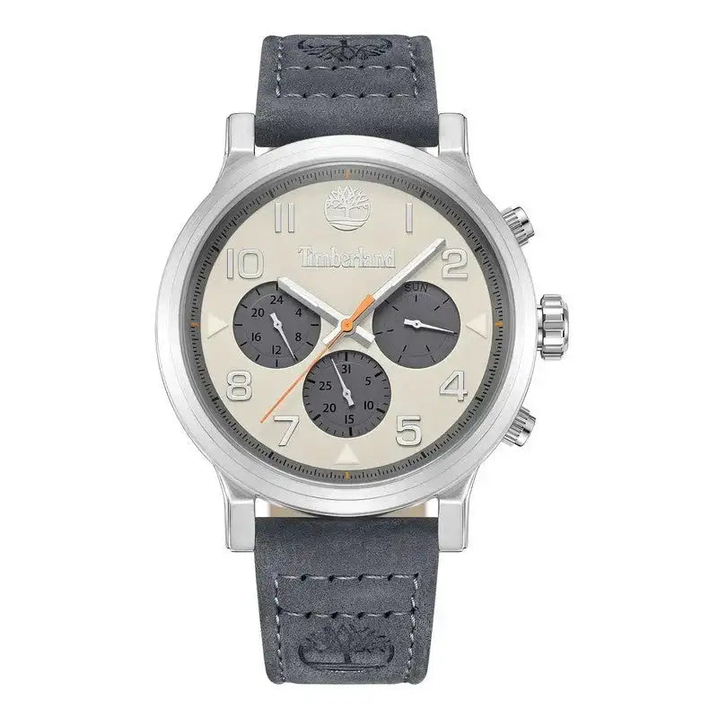 Timberland Pancher TDWGF0028903 multifunction chronograph watch with grey dial, stainless steel case, and grey leather strap