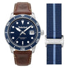 Timberland Peatfield SET quartz diver watch with blue dial, rotating bezel, stainless steel case, interchangeable brown leather and blue NATO straps