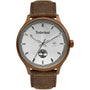 Timberland Allendale II TDWGB2102203 rose gold quartz watch with silver dial, date window, and brown leather strap on white background