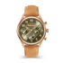 Timberland Ballardvale TDWLF2200101 women's quartz chronograph watch with green guilloche dial, rose gold plated case, and tan leather strap