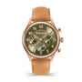 Timberland Ballardvale TDWLF2200101 women's quartz chronograph watch with green guilloche dial, rose gold plated case, and tan leather strap