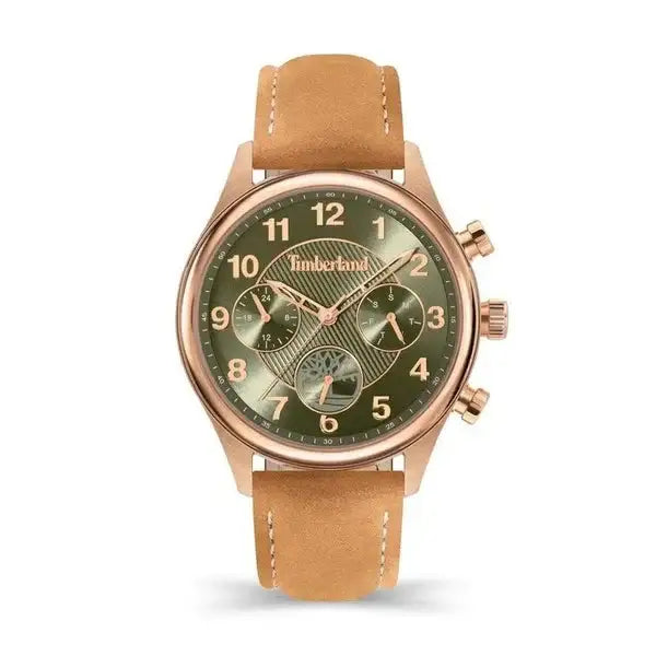 Timberland Ballardvale TDWLF2200101 women's quartz chronograph watch with green guilloche dial, rose gold plated case, and tan leather strap