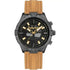 Timberland Flowell TDWGD0031101 multifunction quartz watch with 46mm gunmetal stainless steel case, black dial with digital displays, gold-tone luminous hands and tan leather strap