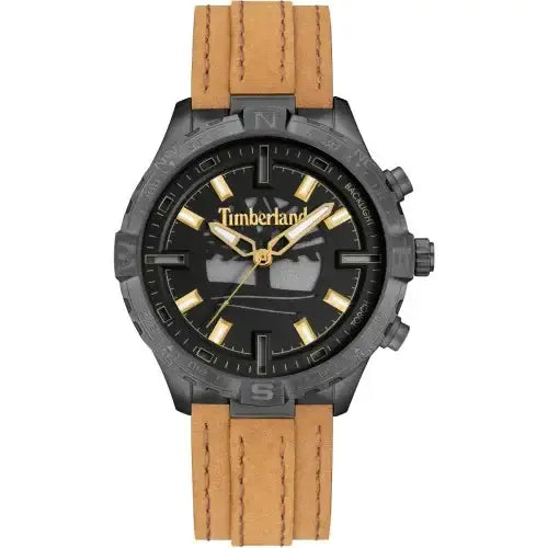 Timberland Flowell TDWGD0031101 multifunction quartz watch with 46mm gunmetal stainless steel case, black dial with digital displays, gold-tone luminous hands and tan leather strap