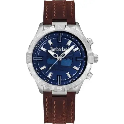 Timberland Flowell watch front view with blue dial and compass bezel