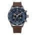 Timberland Ashmont TDWGF2230903 dual time quartz watch with blue dial, gunmetal stainless steel case, rotating bezel, and brown leather strap