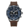 Timberland Ashmont TDWGF2230903 dual time quartz watch with blue dial, gunmetal stainless steel case, rotating bezel, and brown leather strap