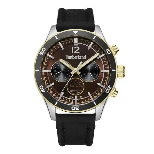 Timberland Ashmont TDWGF2230902 chronograph quartz watch with brown dial, two-tone stainless steel case, gold-tone bezel, and black silicone strap