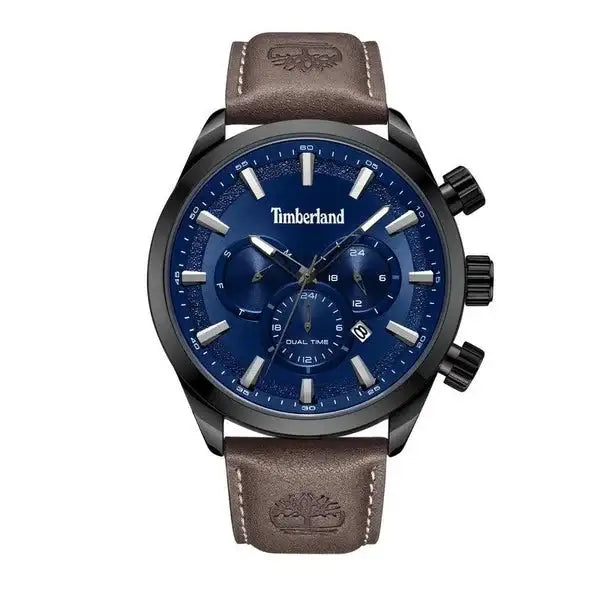 Timberland Millway TDWGC2132502 chronograph quartz watch with blue dial, black ion-plated case, brown leather strap and dual-time complication