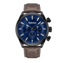 Timberland Millway TDWGC2132502 chronograph quartz watch with blue dial, black ion-plated case, brown leather strap and dual-time complication