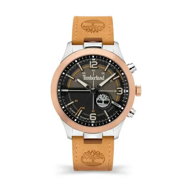 Timberland Sullivan TDWGA2103302 44mm quartz chronograph watch with two-tone stainless steel case, black dial, and wheat leather strap
