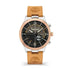 Timberland Sullivan TDWGA2103302 44mm quartz chronograph watch with two-tone stainless steel case, black dial, and wheat leather strap