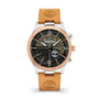 Timberland Sullivan TDWGA2103302 44mm quartz chronograph watch with two-tone stainless steel case, black dial, and wheat leather strap