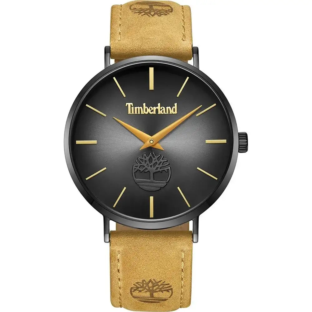 Timberland Rangeley TDWGA0011401 quartz watch with black gradient dial, gold indices, 42mm black-coated stainless steel case and tan leather strap