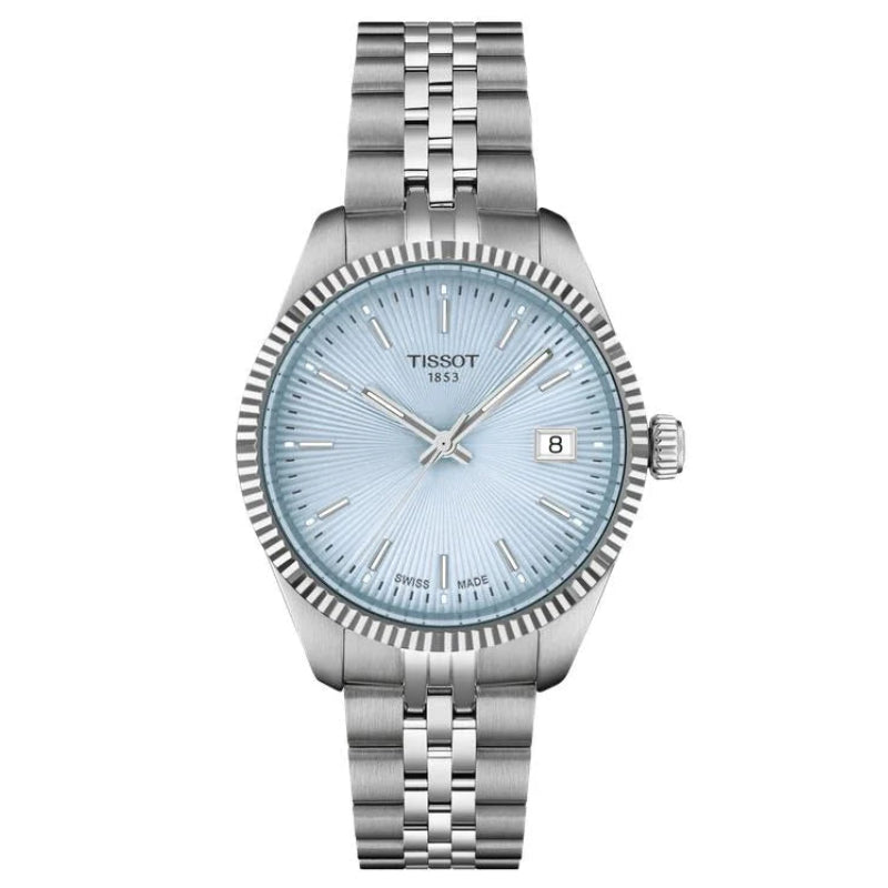 Tissot Ballade 34mm blue guilloché dial with applied markers and date window
