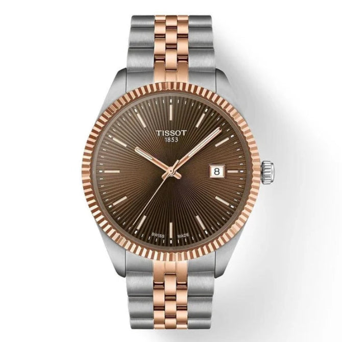 Tissot Ballade 40 mm brown guilloché dial with rose gold-tone indices and date window