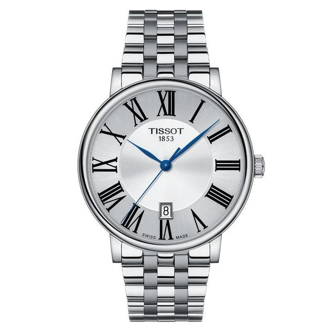 Tissot Carson Premium 40mm silver sunray dial with Roman numerals and blued hands