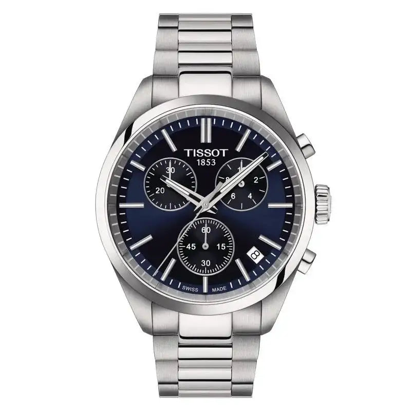 Tissot PR 100 Chronograph 40mm blue dial with three sub-dials and date window