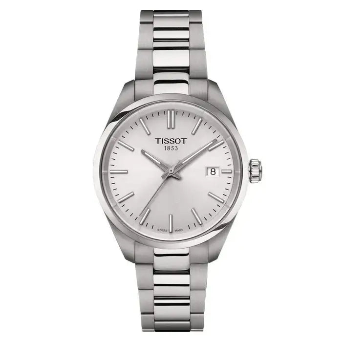 Tissot PR 100 34mm silver dial quartz watch on steel bracelet