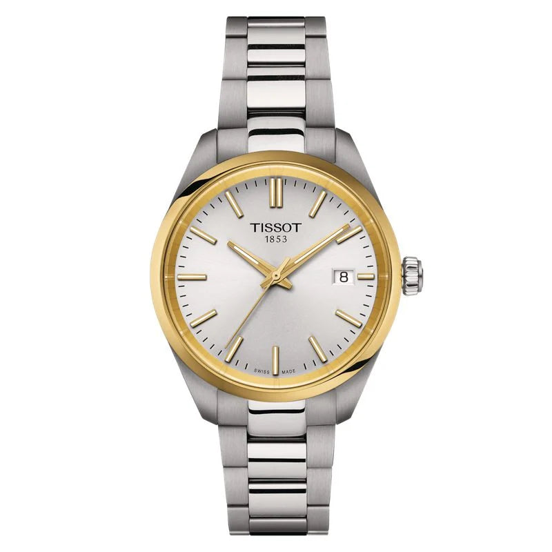 Tissot PR 100 34mm silver dial quartz watch with gold PVD bezel