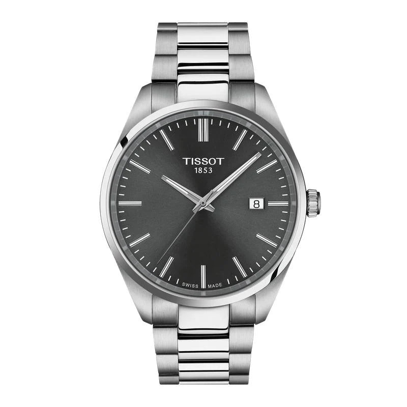 Tissot PR 100 Swiss quartz watch with 40mm stainless steel case, anthracite dial, and integrated bracelet