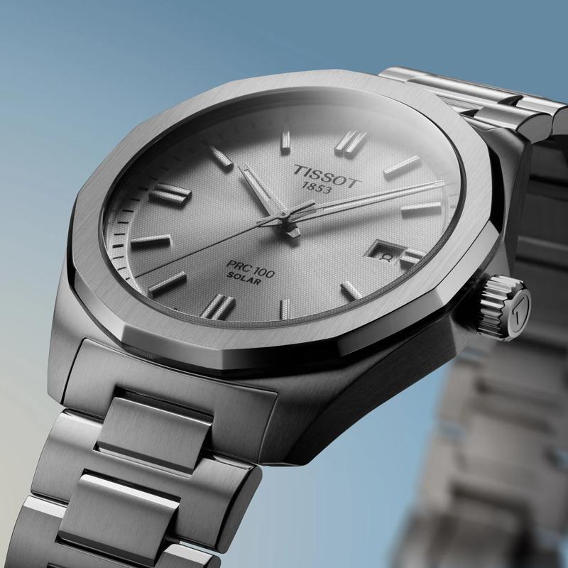 Tissot PRC 100 Solar stainless steel bracelet links and butterfly clasp detail