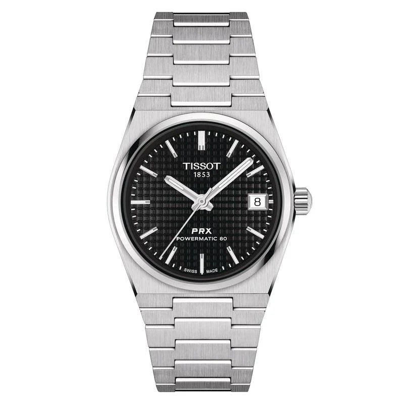 Tissot PRX Powermatic 80 35mm automatic watch with black guilloché dial and steel bracelet