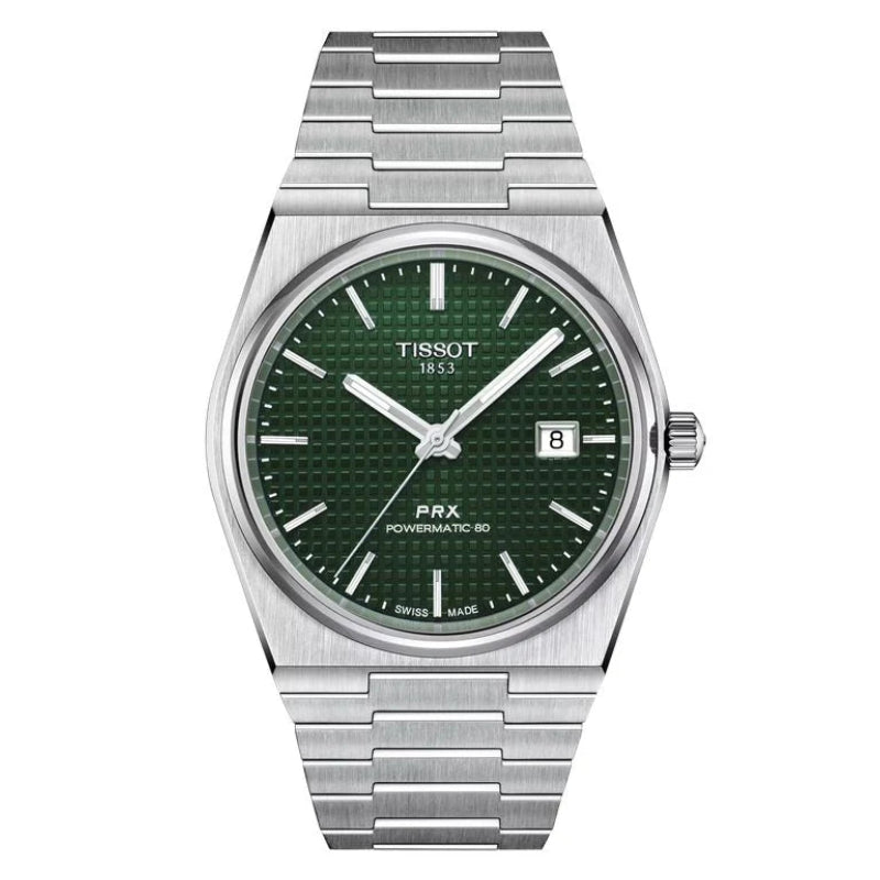Tissot PRX Powermatic 80 automatic watch with 40mm steel case and green waffle dial
