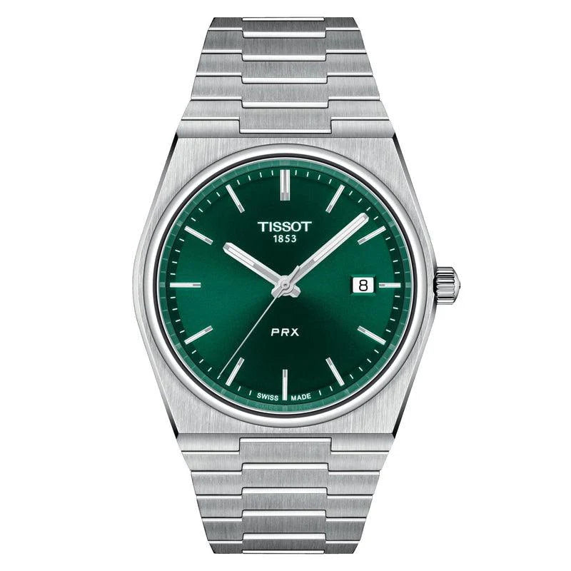 Tissot PRX 40 mm green sunray dial with applied hour markers and date window