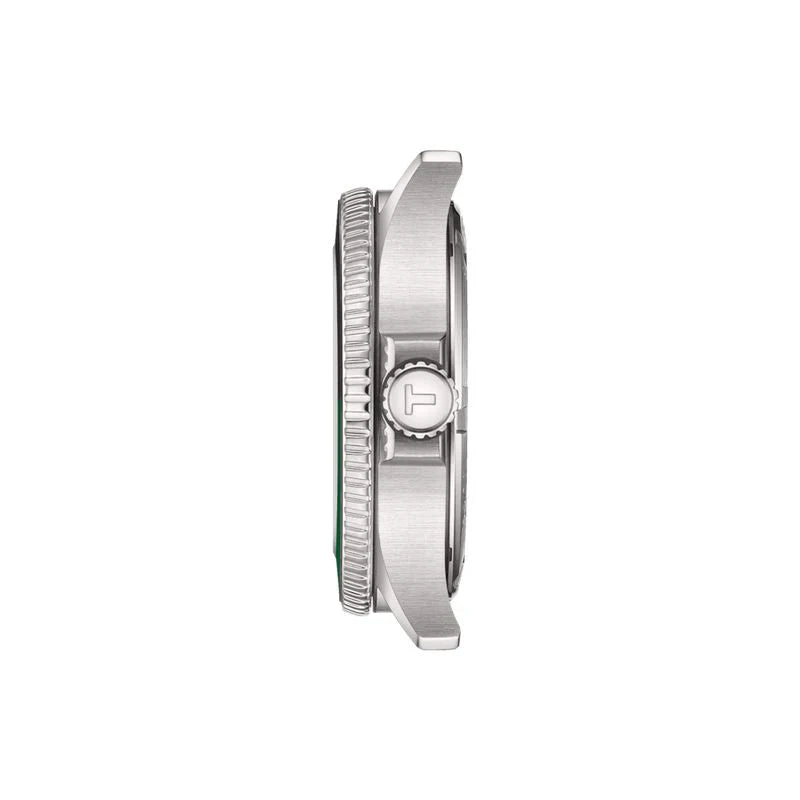 Stainless steel case with bi-directional black and green rotating bezel