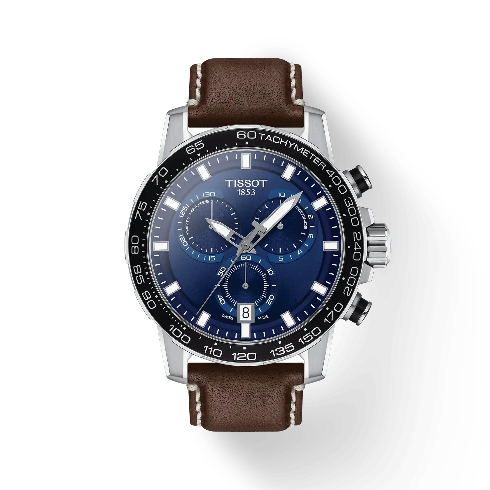 Tissot Supersport Chrono T125.617.16.041.00 blue dial chronograph watch with brown leather strap and tachymeter bezel