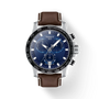 Tissot Supersport Chrono T125.617.16.041.00 blue dial chronograph watch with brown leather strap and tachymeter bezel