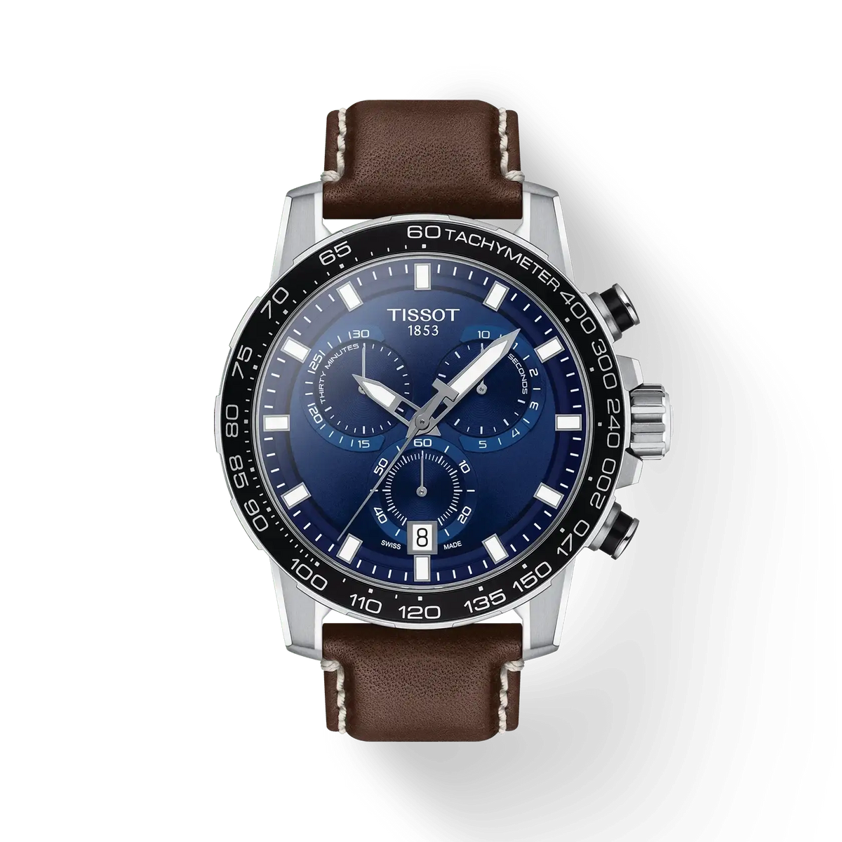 Tissot Supersport Chrono T125.617.16.041.00 blue dial chronograph watch with brown leather strap and tachymeter bezel