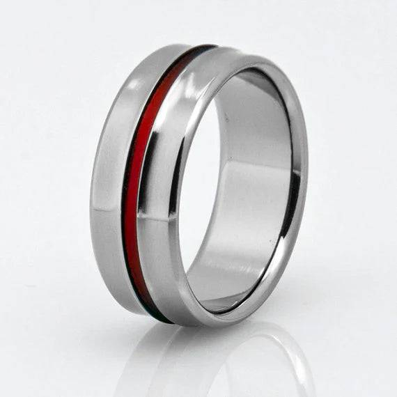 Tungsten Grey & Red Beveled Ring