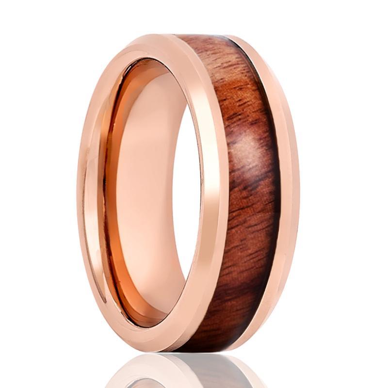 Tungsten Rose Gold Beveled & Wood Band
