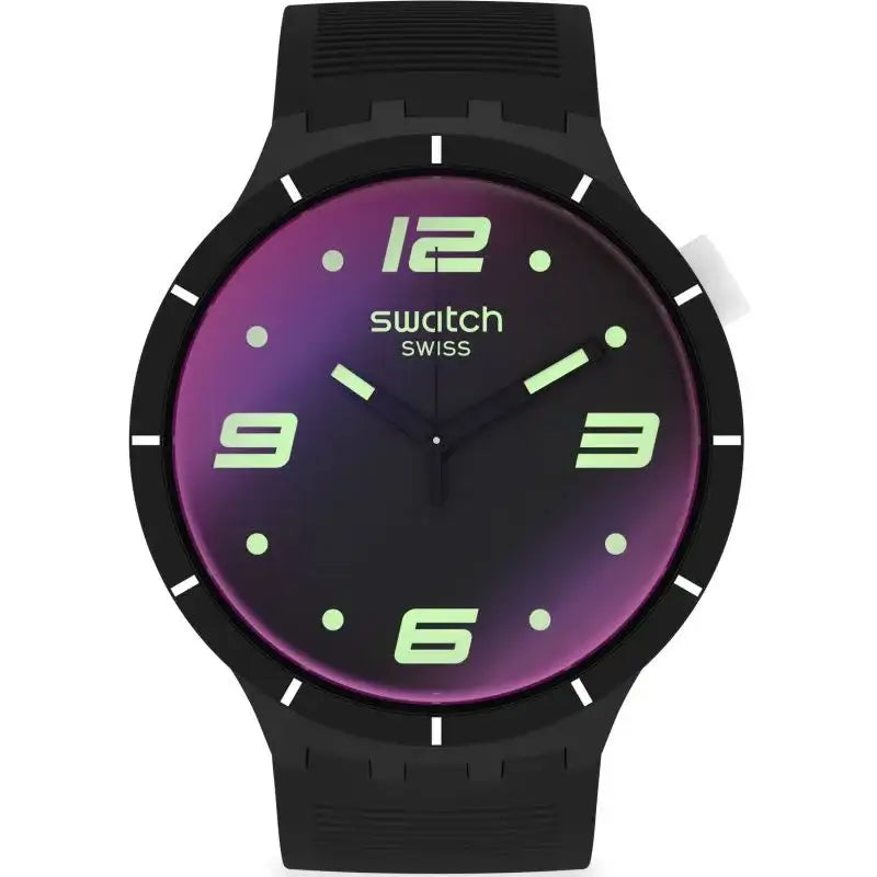 Swatch Futuristic Black SO27B119 quartz watch with purple gradient dial, luminous Arabic numerals, black silicone strap and 47mm matte black case