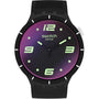 Swatch Futuristic Black SO27B119 quartz watch with purple gradient dial, luminous Arabic numerals, black silicone strap and 47mm matte black case