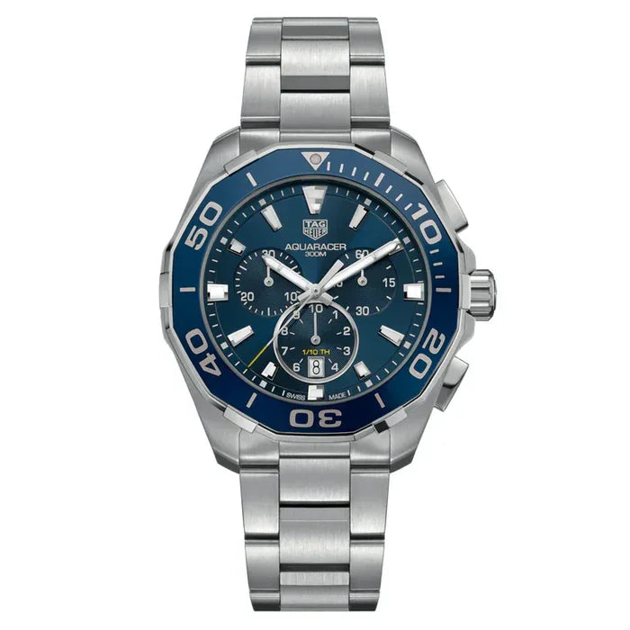 Pre-owned TAG Heuer Aquaracer chronograph blue dial stainless steel dive watch with ceramic bezel and three-link bracelet