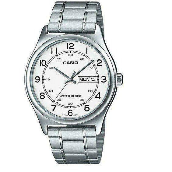 Casio MTP-V006D-7B2 quartz watch with white dial, day-date display, and stainless steel bracelet on white background