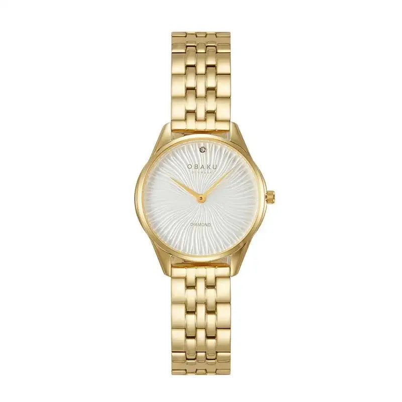 Obaku Smykke V297LXGISG women's gold PVD quartz watch with sunray silver dial, diamond accent, and stainless steel bracelet