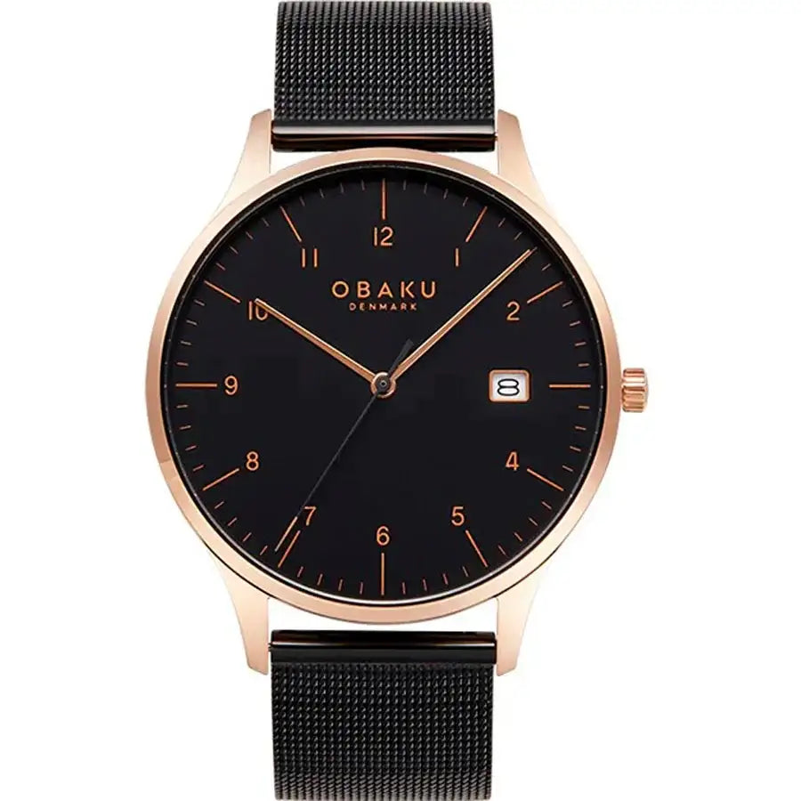 Obaku Chia V298GDVBMB men's watch with black dial and rose gold-tone case
