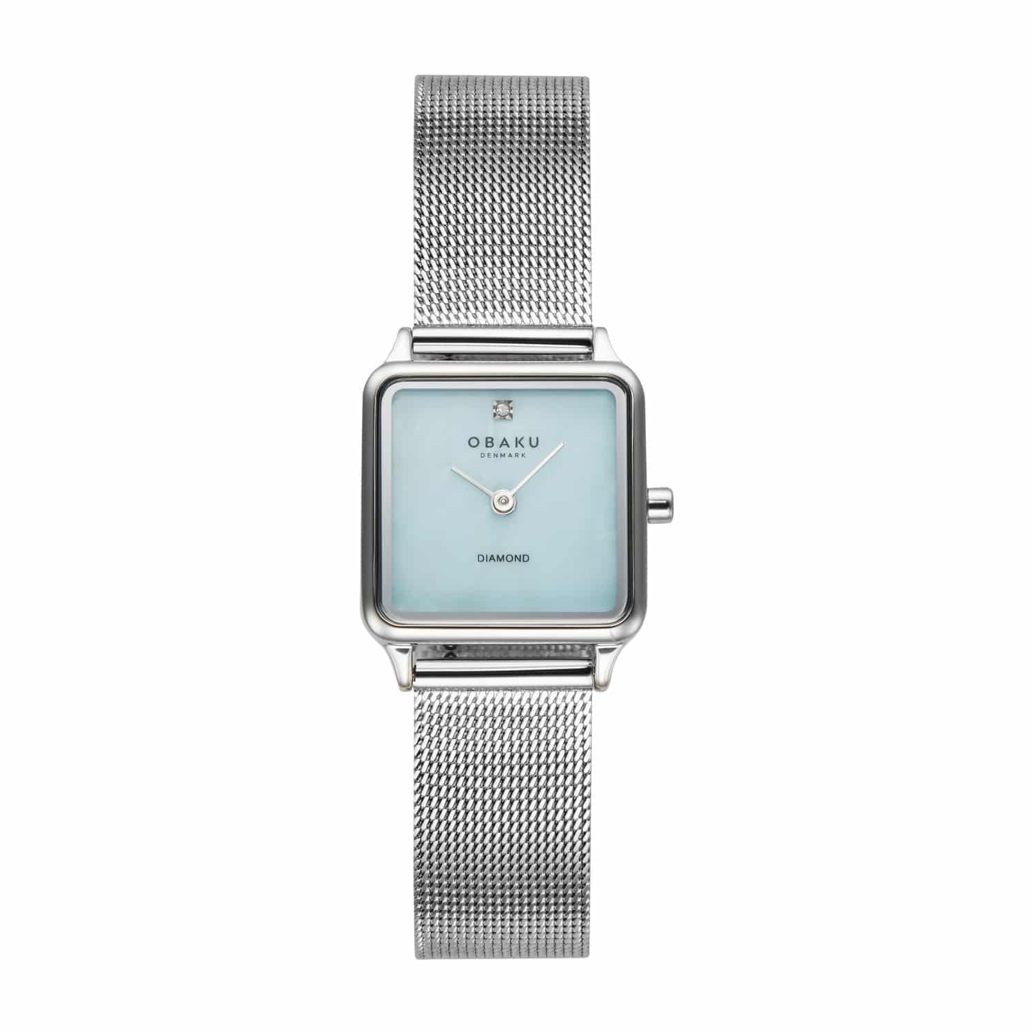 Obaku Adamas Sky V301LXCMMC ladies square quartz watch with ice blue dial and stainless steel mesh bracelet