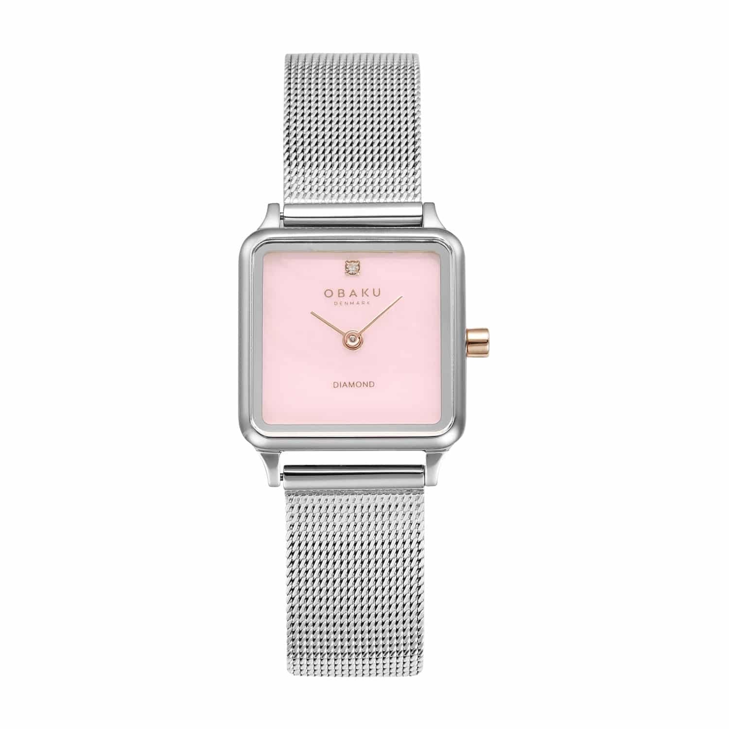 Obaku Denmark square quartz ladies watch with pink dial, diamond marker, and stainless steel mesh bracelet with rose gold accents