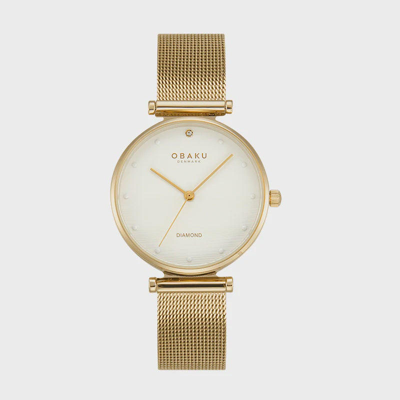 Obaku Funkle V310LXGWMG ladies watch with genuine diamond, white dial, gold-tone mesh bracelet, 32mm case, Scandinavian minimalist design