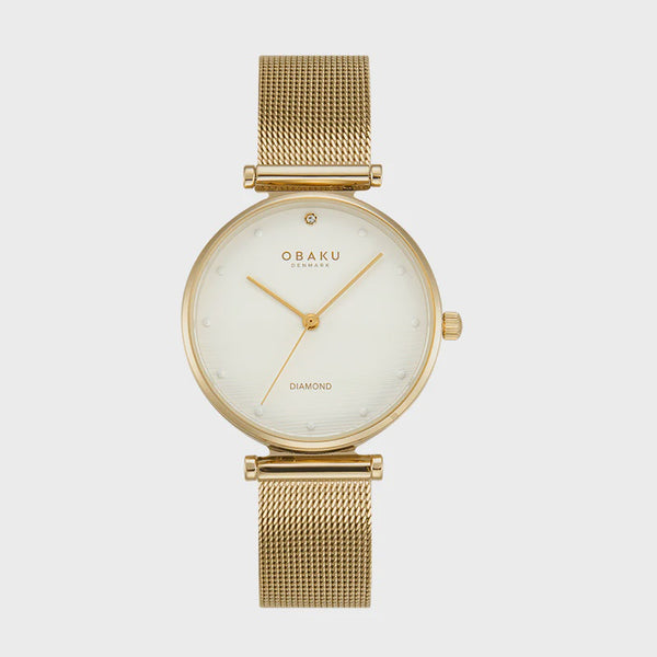Obaku Funkle V310LXGWMG ladies watch with genuine diamond, white dial, gold-tone mesh bracelet, 32mm case, Scandinavian minimalist design