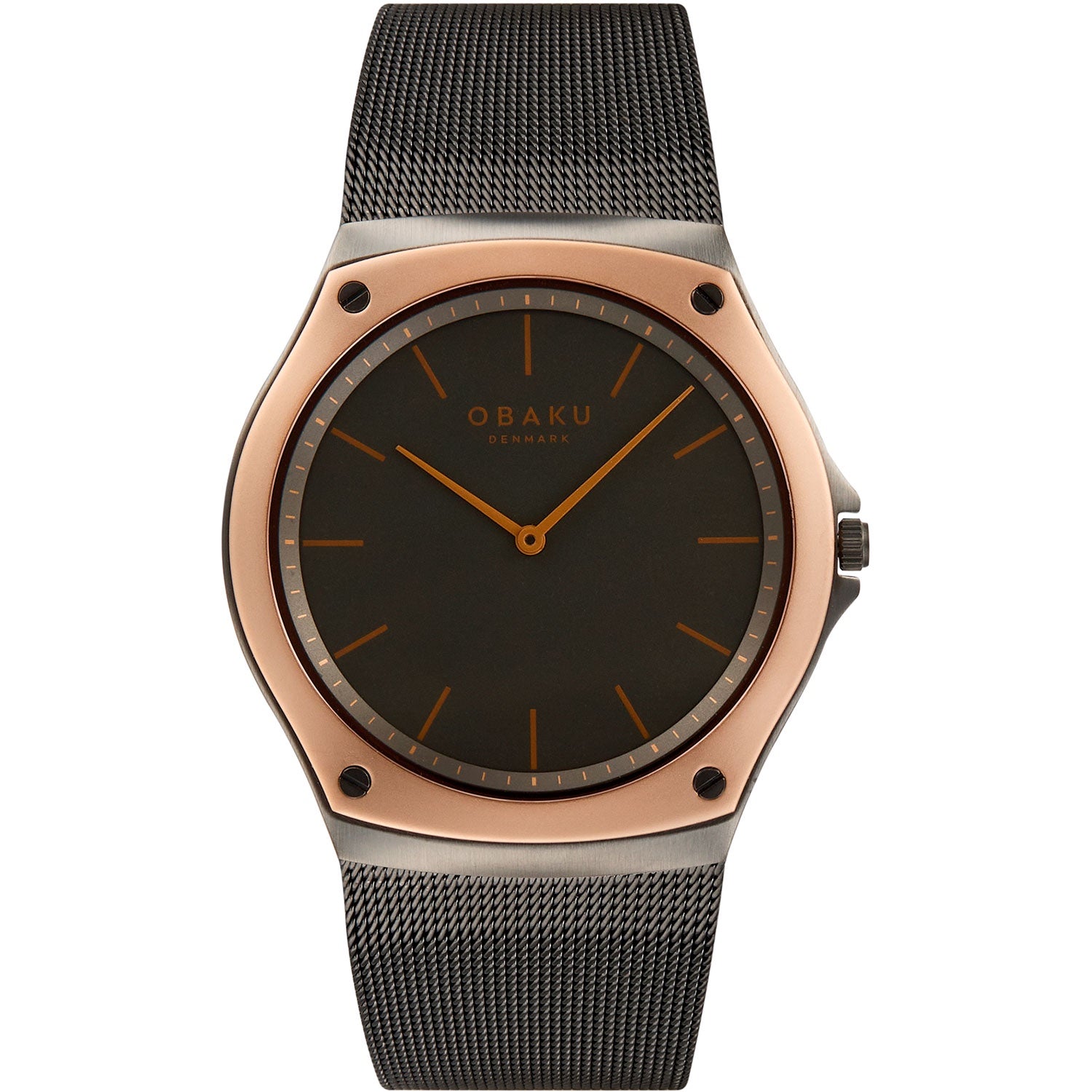 Obaku Lagen Granite V316GXDJMJ 40mm quartz watch with grey mother-of-pearl dial, rose gold-toned case, and black stainless steel mesh bracelet