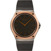 Obaku Lagen Granite V316GXDJMJ 40mm quartz watch with grey mother-of-pearl dial, rose gold-toned case, and black stainless steel mesh bracelet