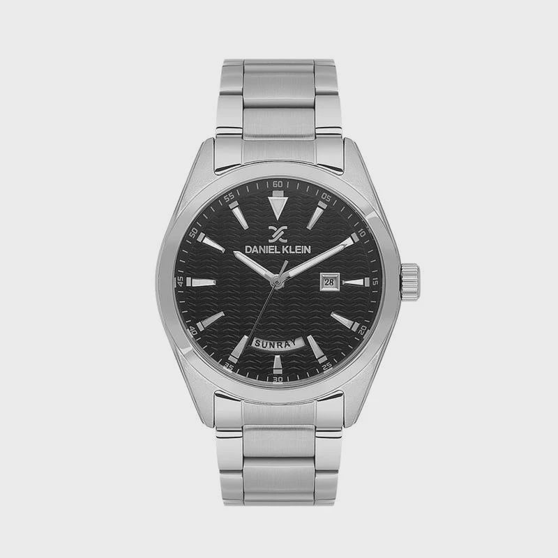 Daniel Klein DK114087-1 men's quartz watch with textured black dial, day-date display, and polished stainless steel bracelet