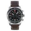 Victorinox Swiss Army Chronograph 242046 quartz watch with black dial, stainless steel case, tachymeter bezel, and brown leather strap