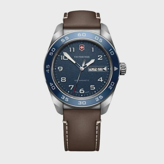 Victorinox Fieldforce blue dial stainless steel watch with brown leather strap and day-date display